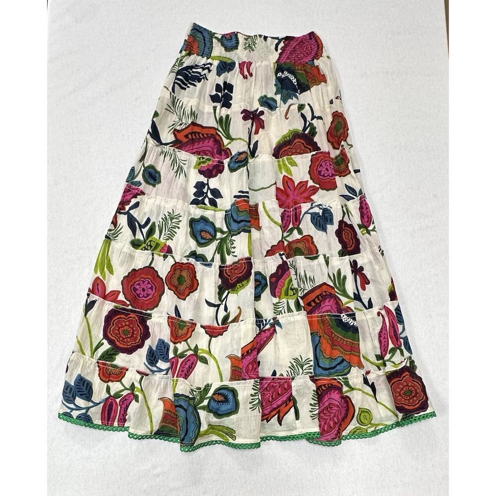 Tiered Floral Maxi Skirt Multicolor Smocked Waist Boho Size S Pure Nordic Gypsy - Picture 5 of 7